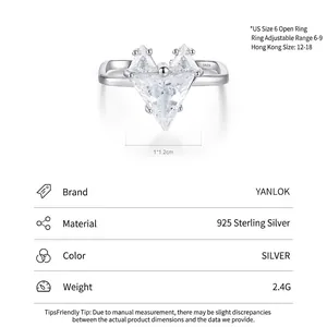 Bague cœur ajustable en argent sterling S925 avec pierres de zircone géométriques