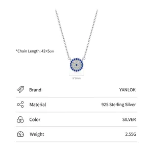 S925 sterling silver evil eye necklace with blue crystals and measurement specs
