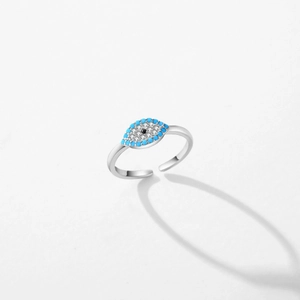 Adjustable S925 sterling silver evil eye ring featuring turquoise beads and zirconia
