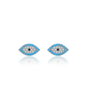 Detailed view of silver S925 turquoise evil eye stud earrings with cubic zirconia on white background