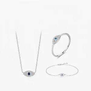 S925 Sterling Silver Evil Eye Jewelry Set For Women Exquisite Pave Zirconia Necklace Bracelet Ring Inlaid Blue Stone Jewelry Gift