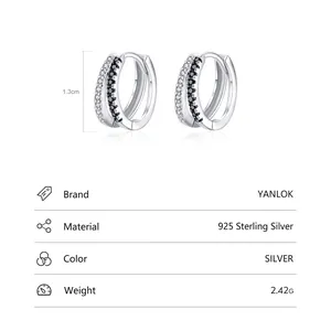 Minimalist S925 sterling silver double hoop earrings with black and white zircon stones