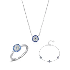 S925 sterling silver vintage evil eye jewelry set with blue zircon necklace ring bracelet