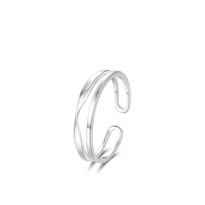 Minimalist S925 sterling silver double-layer open ring with a polished wavy design