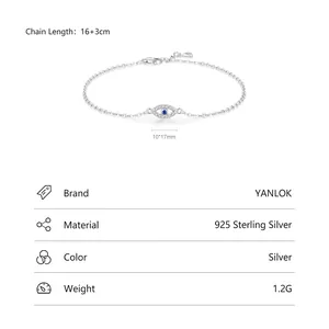 S925 sterling silver evil eye bracelet with sparkling crystals and adjustable chain