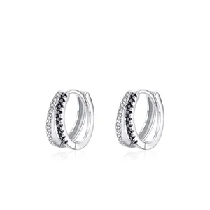 S925 sterling silver double-layered hoop earrings with black and white cubic zirconia