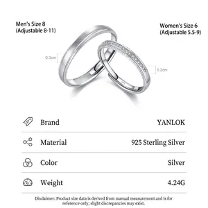 Adjustable S925 sterling silver couple rings with frosted finish and pavé diamonds
