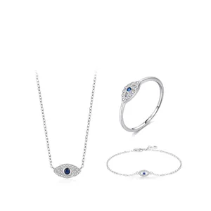 S925 sterling silver jewelry set featuring blue devil eye ring necklace and bracelet