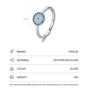 S925 sterling silver evil eye ring with blue and white zircon stones in a 45-degree view