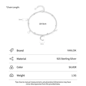 S925 sterling silver double layer star moon bracelet with adjustable 16+3cm chain