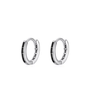 Elegant S925 sterling silver hoop earrings with rectangular black cubic zirconia inlay