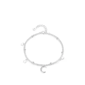 Double-layered S925 sterling silver chain bracelet with star and moon charms