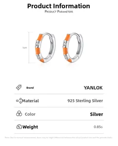 Detail of 925 sterling silver hoop earrings with orange enamel and zircon inlay