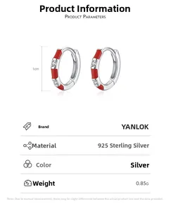 Detail of S925 sterling silver hoop earrings with red enamel and zircon accents