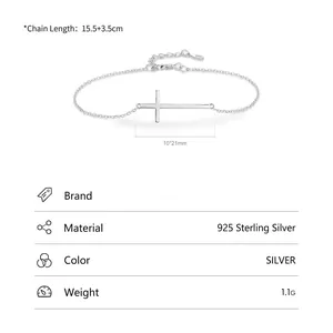 S925 sterling silver minimalist cross bracelet with adjustable chain and size specs