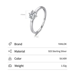 Classic 925 sterling silver six-prong crown ring with 5x5mm simulated diamond for women