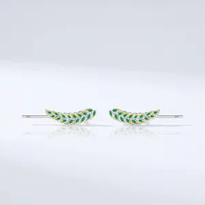 S925 Sterling Silver Enamel Leaf Stud Earrings For Women Forest Style Green Gradient Plant Fashion Jewelry Ear Climber