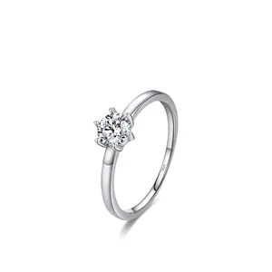 Classic S925 sterling silver crown ring with six-prong sparkling round cubic zirconia