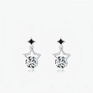 YANLOK 925 Sterling Silver Star Stud Earrings For Women Hollow Pentagram Zirconia Inlaid Korean Sweet Black Enamel Fashion Jewelry