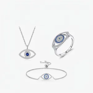 S925 Sterling Silver Evil Eye Jewelry Set Blue White Zirconia Pave Pendant Necklace Adjustable Bracelet Ring Women Fashion