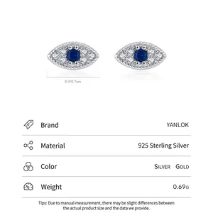 S925 sterling silver evil eye stud earrings with blue and white cubic zirconia stones