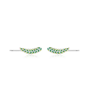 S925 sterling silver drop earrings with leaf shape and green gradient enamel finish
