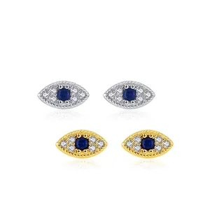 S925 sterling silver evil eye stud earrings with blue sapphire and sparkling zircon