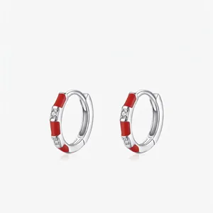 925 Sterling Silver Rose Red Enamel Zirconia Hoop Earrings For Women Minimalist Geometric Geometric Drip Oil Small Hoop Earrings