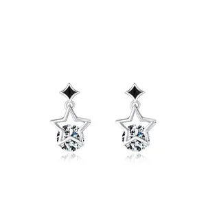 Elegant S925 silver star earrings with black enamel and sparkling central zircon inlay