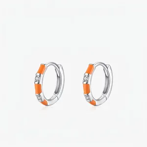 925 Sterling Silver Orange Enamel Zirconia Inlaid Hoop Earrings For Women Korean Ins Style Geometric Ear Buckle Jewelry