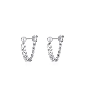 S925 sterling silver chain stud earrings with Cuban link U-shape and polished finish