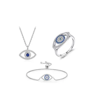 Vintage s925 sterling silver evil eye jewelry set with blue zircon necklace ring and bracelet