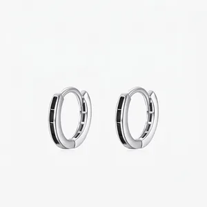Boucles d'Oreilles Créoles Huggie en Argent Sterling 925 avec Zirconia Incrusté Géométriques Minimalistes Pierre Carrée Noire Bijoux Cadeau Femme