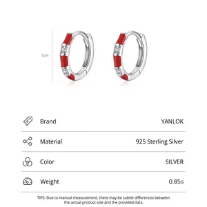 S925 sterling silver hoop earrings with red enamel and white zircon stones 1cm