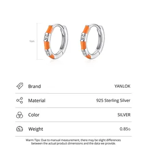 S925 sterling silver huggie earrings with orange enamel and zircon, 1cm diameter