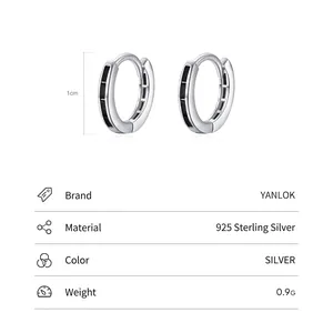 Minimalist 925 sterling silver hoop earrings with black rectangular inlay stones