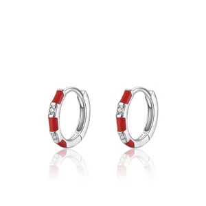 S925 sterling silver hoop earrings with red enamel and sparkling zircon stones