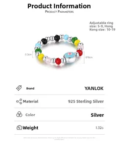 Detailed view of S925 sterling silver colorful beaded ring with blue flower charm