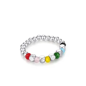 Bunter Perlenring aus S925 Sterlingsilber mit verstellbarem Band und Edelsteinen