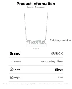 Detailed view of S925 sterling silver mama necklace showing 44+5cm length and measurements