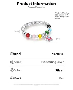 Detail of S925 sterling silver beaded ring featuring a 6x6mm pink enamel flower charm