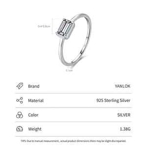 Elegant S925 sterling silver ring with a rectangular solitaire zircon and product specs