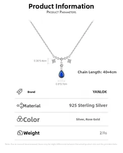 Détail du collier en argent 925 avec pendentif goutte d'eau bleue et chaîne de 40+4cm