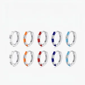 925 Sterling Silver Enamel Zirconia Hoop Earrings Colorful Sweet Ins Style Splicing Small Huggie Earrings For Women