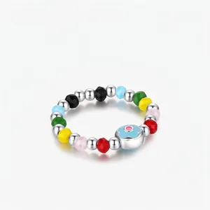 925 Sterling Silver Multi Color Beaded Flower Adjustable Ring For Women Korean Style Colorful Crystal Open Finger Ring Jewelry
