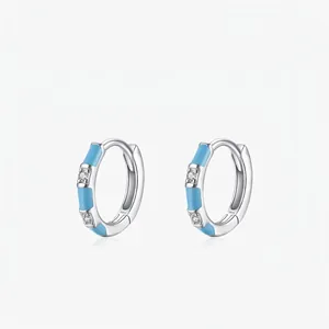 S925 Sterling Silver Light Blue Enamel Zirconia Hoop Earrings Minimalist Geometric Round Ins Style Ear Jewelry For Women