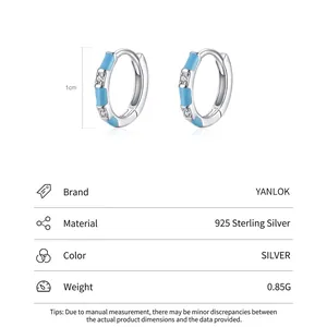 S925 sterling silver hoop earrings with sky blue enamel and white zircon details