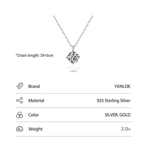 Classic S925 sterling silver solitaire pendant necklace with round 0.6cm cubic zirconia