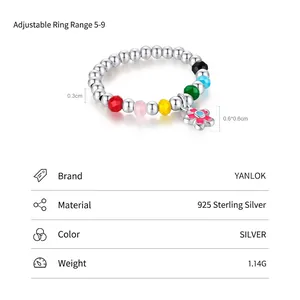 Adjustable S925 sterling silver beaded ring with colorful facets and enamel flower charm