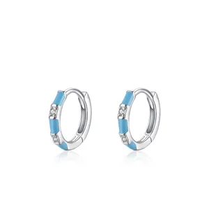 S925 sterling silver hoop earrings with sky blue enamel and clear cubic zirconia stones